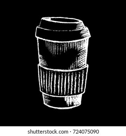 Coffee paper cup white chalk on black chalkboard vector illustration. Big paper coffee cup on blackboard. Coffee shop or bar menu icon. Takeaway drink chalkboard drawing. Coffee to go logo. Hot drink