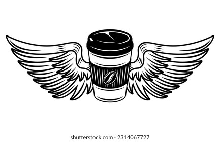 Coffee paper cup with wings vector illustration in monochrome vintage style isolated on white background