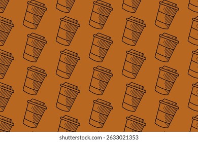 coffee paper cups engraving line art seamless pattern on tan background. retro cup of coffee hatching pattern wallpaper background for coffee shop, cafes, beverage, roastery, restaurant merchandise