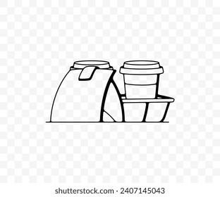 Coffee in paper cups and food, linear graphic design. Drink, hot drink, takeaway, meal and drinking, vector design and illustration