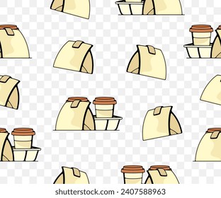 Coffee in paper cups and food, seamless vector background and pattern. Drink, hot drink, takeaway, meal and drinking, vector design and illustration