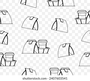 Coffee in paper cups and food, seamless vector background and pattern. Drink, hot drink, takeaway, meal and drinking, vector design and illustration