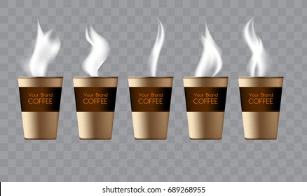 Coffee in paper cups and hot steam on transparent background with brown brand name blank space. Isolated 3D realistic mugs set with steamy drink. Vector illustration for coffee machine or cafe menu