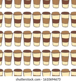 Coffee in paper cups on white background. Vector seamless pattern.
