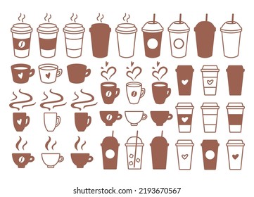 Coffee paper cups. Set of mugs. Cappuccino, Americano, Tea, Espresso, Mocha. Hot and ice drinks. Vector collection of elements isolated on white background