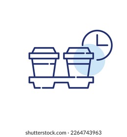 Coffee paper cups in a takeout holder. Coffee break team meeting. Pixel perfect, editable stroke icon