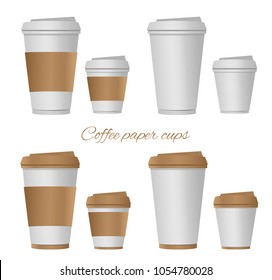 Coffee paper cups vector collection. Takeaway white paper cups. Cardboard cups sizes set with lid. With cup holder and without. Isolated cup. Mockup set. 