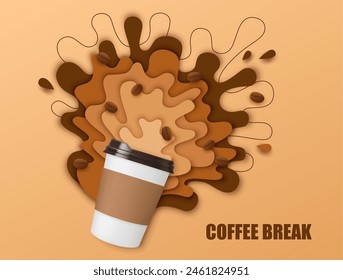 Coffee paper cut banner with drink splash and coffee beans. Realistic 3d vector disposable papercut mug with a dynamic liquid beige and brown splatters, energetic refreshing hot drink spill, explosion