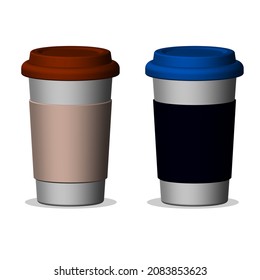 Coffee paper disposable cups with lid in 3D style. Vector illustration of glasses isolated on white background.