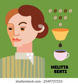 Coffee paper filters inventor Melitta Bentz vector portrait in geometric flat style.Coffee history illustration.