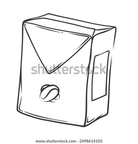 Coffee paper package line icon. Hand drawn retro square cardboard box with bean on label. Retail store product, packaging of craft coffee mascot, outline container of grains icon vector illustration