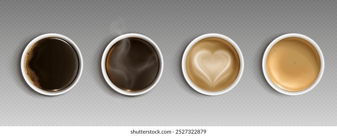 Café en taza de papel para llevar vista superior. Espresso negro y americano, con leche y adorno de corazón en espuma, caliente con vapor de cafeína bebida plana lay. Conjunto de Vector 3D realista de taza con bebida para llevar.