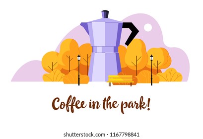 Coffee in the park. Big coffee maker in autumn park. Trees, bench, lantern, clouds, yellow park. Concept cozy mood with coffee.