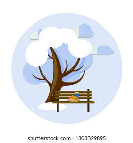 Coffee in the park in the circle. Paper cup of coffee, tree, bench, clouds in snowy park. - Vector. EPS 10