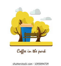 Coffee in the park letters. Paper cup of coffee, tree, bench, clouds in fall park. - Vector. EPS 10