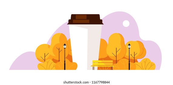 Coffee in the park. Paper cup of coffee in autumn park. Trees, bench, lantern, clouds, yellow park. Concept cozy mood with coffee.