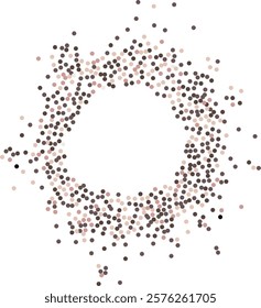 Coffee particles, chocolate brown round frame, empty center for text. Circle made of round dots. Round dotted frame with space for text, design template.