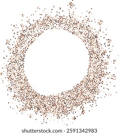 Coffee particles, chocolate brown round frame, empty center for text. Circle made of round dots. Round dotted frame with space for text, design template.
