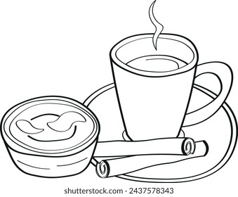 Coffee with pastel de nata (portuguese egg tart) black line vector drawing