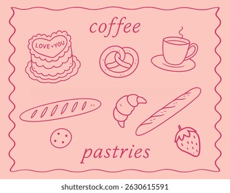 Coffee and pastries doodle set – hand drawn bakery and dessert icons