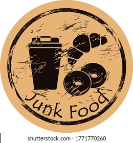 Coffee and pastries icon silhouette vector round shabby emblem flat design, old retro style. Junk food logo stamp on craft paper. Fast food shape vintage grunge sign. Coffee with donut and croissant