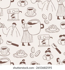 Coffee and pastries seamless pattern in hand drawn doodle outline style on beige background. Cafe wallpaper - barista, coffee machine, cup, cake, coffee beans. Retro style with grunge texture.