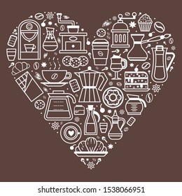Coffee, pastry and bakery print template in heart shape. Thin line design elements for coffee house and shop menu. Drinks to go, spices and desserts. Grinder, moka pot, cookies, muffin and latte.