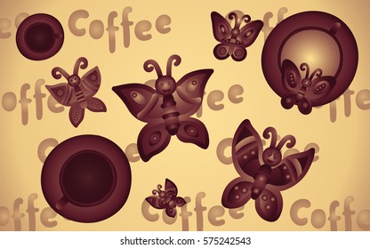 Coffee pastry patterned three-dimensional butterfly cheerful candy and cakes flying over a cup of coffee, hot chocolate  on a light beige - brown background in a pattern of inscription "coffee"