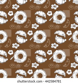 Coffee and pastry seamless pattern. Trendy template for flyers, banners, invitations, restaurant or cafe menu design. The pattern for wallpaper, bed linen, tiles, wrapping, backgrounds. 