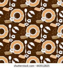 Coffee and pastry seamless pattern. Trendy template for flyers, banners, invitations, restaurant or cafe menu design. The pattern for wallpaper, bed linen, tiles, wrapping, backgrounds. 