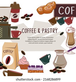 Plantilla de banner de la pastelería de café para web, medios sociales e impresión, vector plano dibujado a mano. Carta de café con diferentes productos horneados y bebidas calientes.