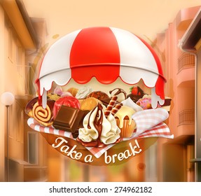 Coffee and pastry shop, confectionery, promotional sign, street background, invitation to a break, lunch time, vector advertising signboard for chocolate houses, cafe and coffee shops