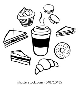 Coffee and pastry textured illustration. Takeaway coffee / tea, donut (doughnut), cupcake, muffin, macaron, croissant, sandwich. Hand drawn elements. Textured, brushed vector image.