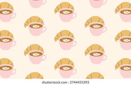 Coffee pattern background with cup of coffee and croissant