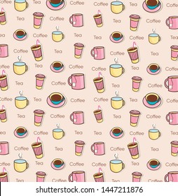 Coffee pattern background. Sketch icon.  Simple vector illustration. wrapping paper design. Tea. Hot drinks.