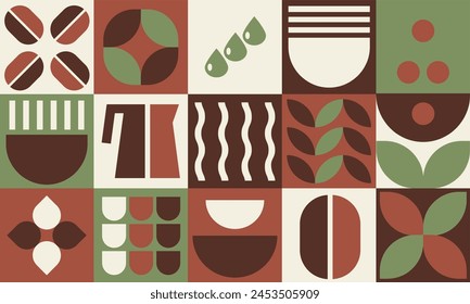 Coffee Pattern, Bauhaus geometric shapes in tiles, decorative abstract art with grain, leaves, water, coffee pot, banner