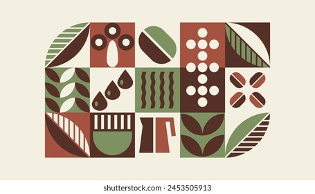 Coffee Pattern, Bauhaus geometric shapes in tiles, decorative abstract art with grain, leaves, water, coffee pot, banner