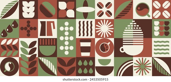 Coffee Pattern, Bauhaus geometric shapes in tiles, decorative abstract art with grain, leaves, water, coffee pot, banner