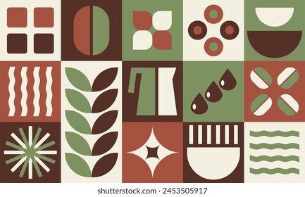 Coffee Pattern, Bauhaus geometric shapes in tiles, decorative abstract art with grain, leaves, water, coffee pot, banner