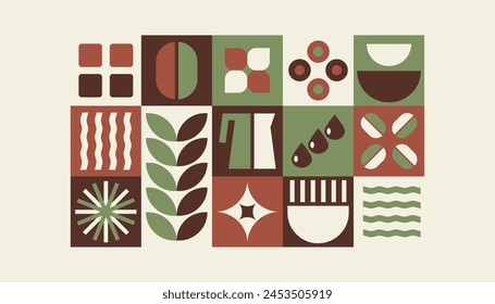 Coffee Pattern, Bauhaus geometric shapes in tiles, decorative abstract art with grain, leaves, water, coffee pot, banner