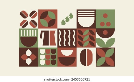 Patrón de café, Formas geométricas Bauhaus en azulejos, arte abstracto decorativo con grano, hojas, agua, cafetera, Anuncio