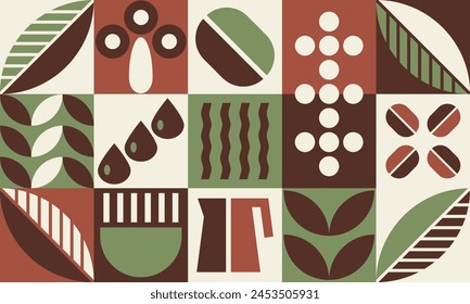 Coffee Pattern, Bauhaus geometric shapes in tiles, decorative abstract art with grain, leaves, water, coffee pot, banner