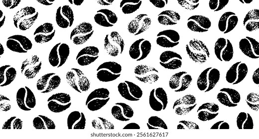 Coffee pattern. Bean background. Vector texture, cafe grain seamless crayon illustration. Hand drawn abstract icon design. Coffee shop coal print. Black vintage cafe pattern graphic. Charcoal bean bg