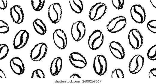 Coffee pattern, bean background. Vector crayon texture cafe seamless pattern. Coffee seed grain illustration. Line doodle sketch. Coffee shop border. Wallpaper print bg. Simple bean background design