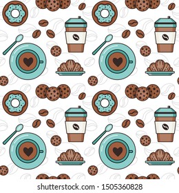 Coffee pattern with beans, coffee to go and in cups, croissants, doughnuts and and cookies. Seamless background with pastry, coffeehouse and cafe elements for prints, fabric and gift wrapping paper.