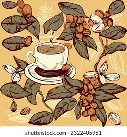 Patrón de café con granos de café y hojas para el restaurante