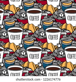 Coffee pattern. Cafe wallpaper. Bakery seamless texture. Graphic print with a coffee cup, muffin and croissant. Vector illustration.