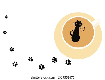 coffee with a pattern of a cat and its footprints on a white background vector