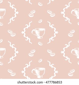 Coffee pattern with cup and beans and border swirl. It can be used to design a menu and shop.