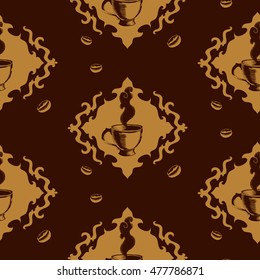 Coffee pattern with cup and beans, monochrome ornament. It can be used to design a shop menu.